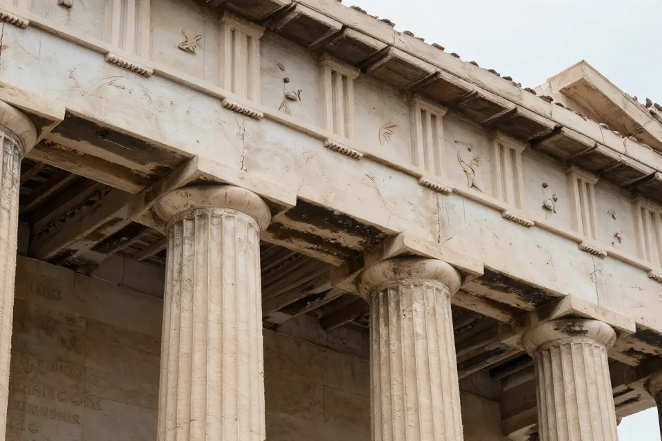 Detalles de las columnas de mármol y esculturas del Partenón, resaltando la precisión técnica y el arte griego.