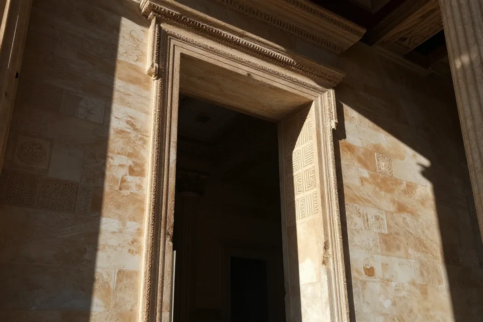 Interior del Propileo con grabados en piedra y patrones geométricos que reflejan la sofisticación arquitectónica ateniense.