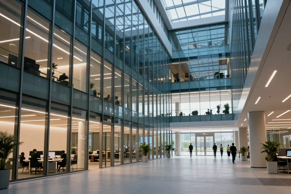 Perspectiva interior de Amazon HQ2, enfocada en su diseño arquitectónico moderno y espacios de trabajo innovadores