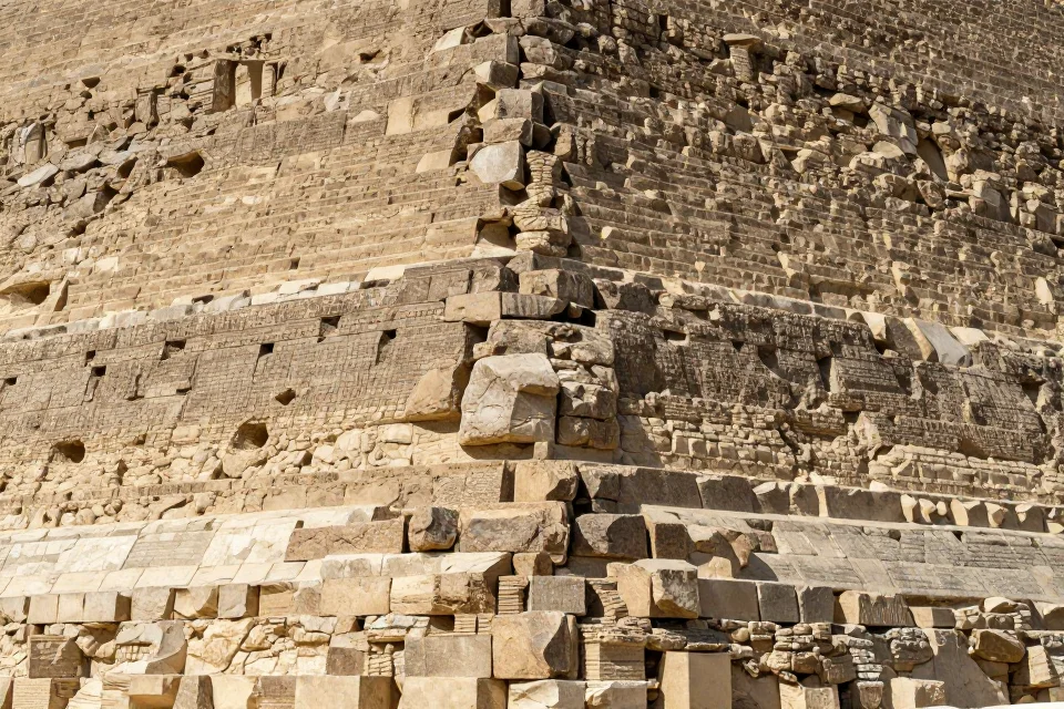 Detalles de la base de la Gran Pirámide, mostrando bloques de piedra caliza tallados con precisión, juntas de mortero y técnicas de construcción antiguas bajo iluminación natural suave.