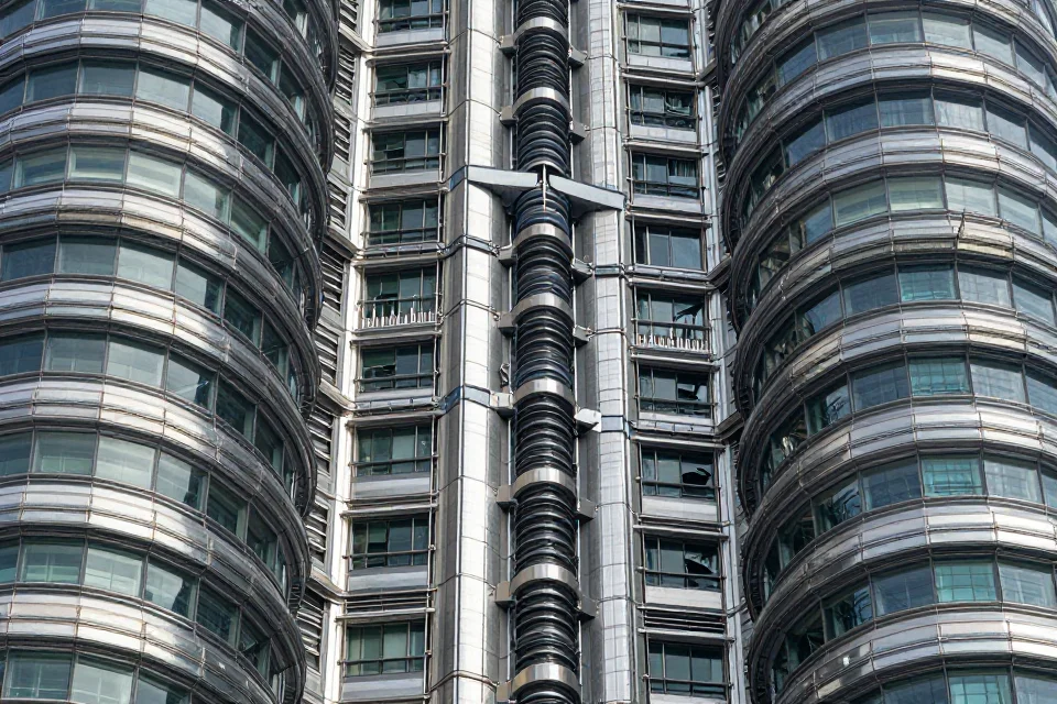 Detalles de la base de las Torres Petronas, mostrando columnas de hormigón reforzado, refuerzos de acero y juntas estructurales.