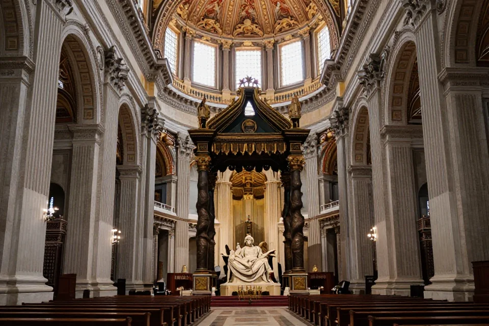 Interior de la Basílica de San Pedro, con su nave amplia, columnas altas y el santuario con la escultura de la Pietà.