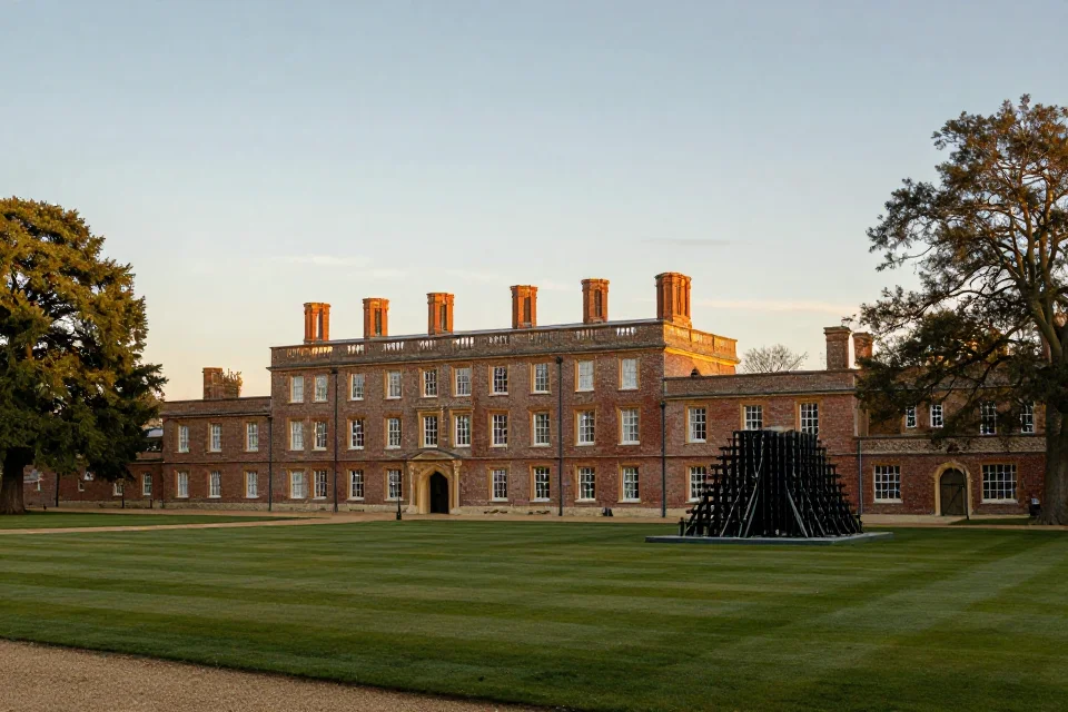 Vista panorámica del sitio histórico de Bletchley Park con edificios de la Segunda Guerra Mundial, árboles y exposición de la máquina Enigma