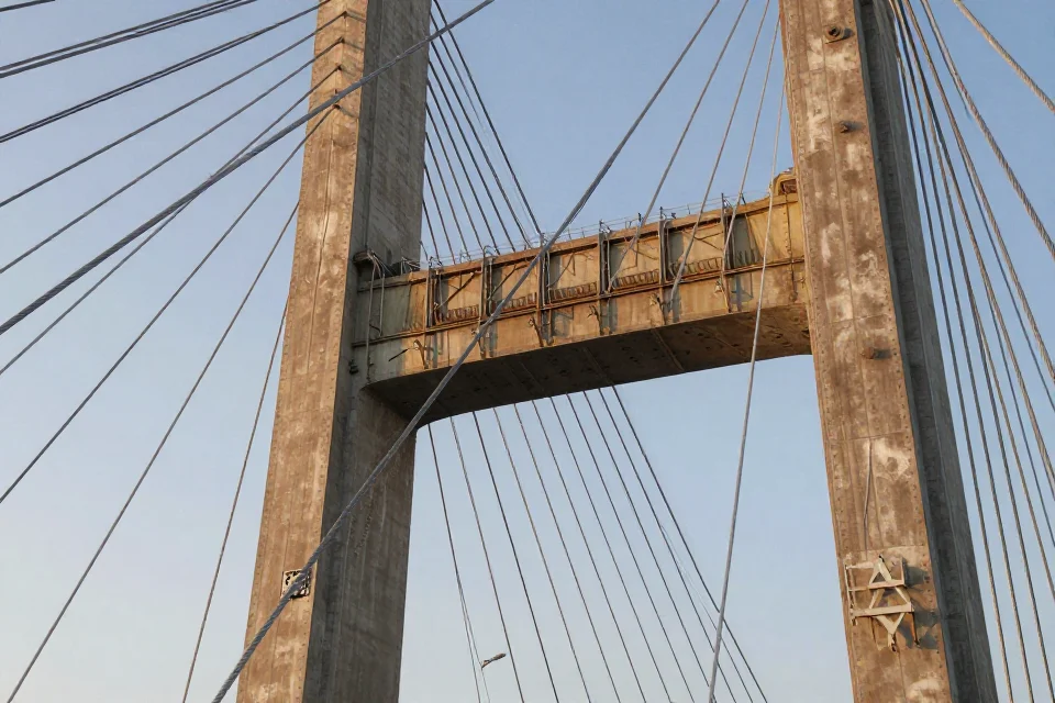 Detalles de las cuerdas de acero y torres de soporte del puente, destacando la ingeniería estructural de la obra