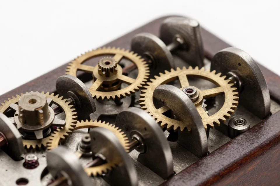 Detalles mecánicos de la calculadora Pascalina con engranajes y levers, iluminación studio y texturas metálicas en una ilustración técnica