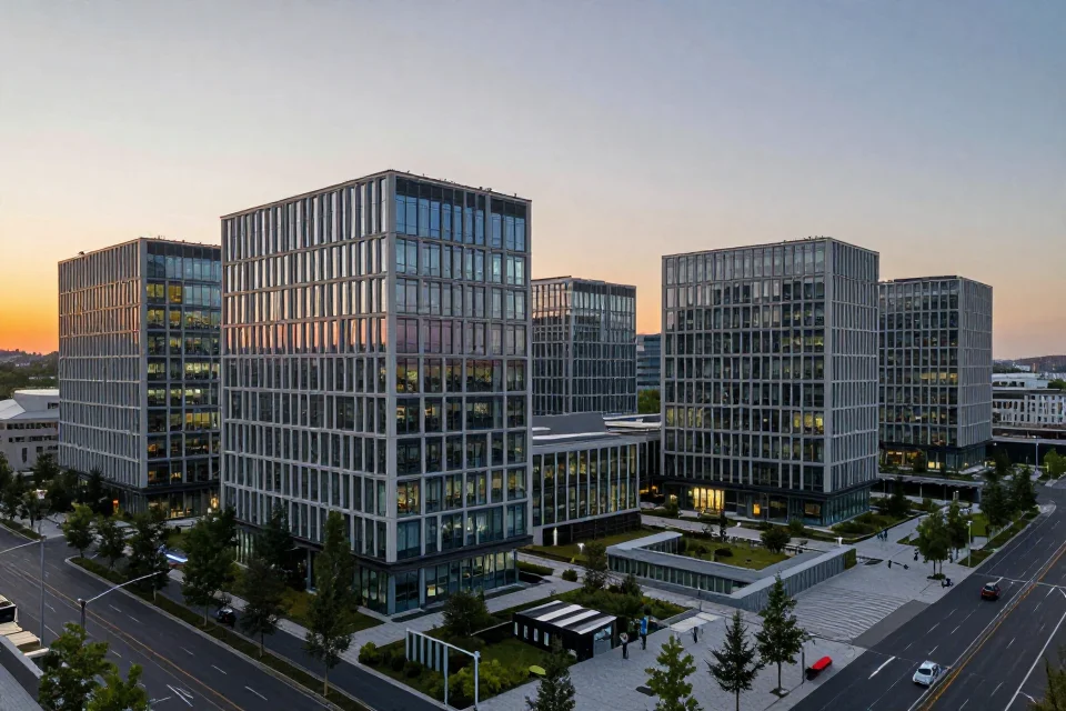 Vista panorámica del campus de **Google DeepMind** al atardecer, combinando arquitectura moderna y infraestructura urbana tecnológica.
