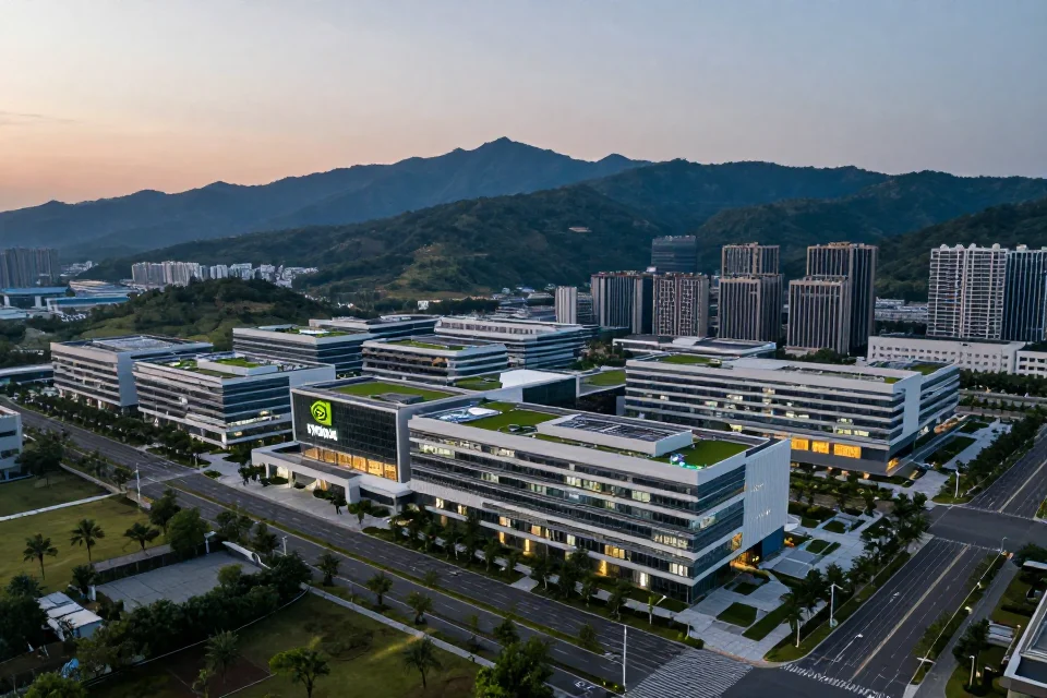 Vista panorámica del campus de NVIDIA al atardecer, arquitectura moderna integrada con paisaje natural y horizonte urbano