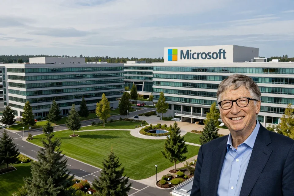 Panorámica del campus de Microsoft en Redmond, combinando arquitectura moderna y espacios verdes, simbolizando el impacto de Bill Gates en tecnología y sostenibilidad.