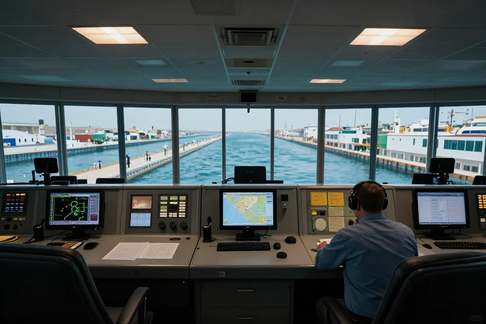 Interior de la sala de control del Canal de Suez, con instrumentos técnicos y monitoreo de operaciones