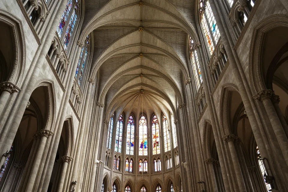 Interior de la catedral con su nave amplia, bóvedas de vidrio y luz etérea que atraviesa los vitrales, mostrando su grandiosidad espacial.
