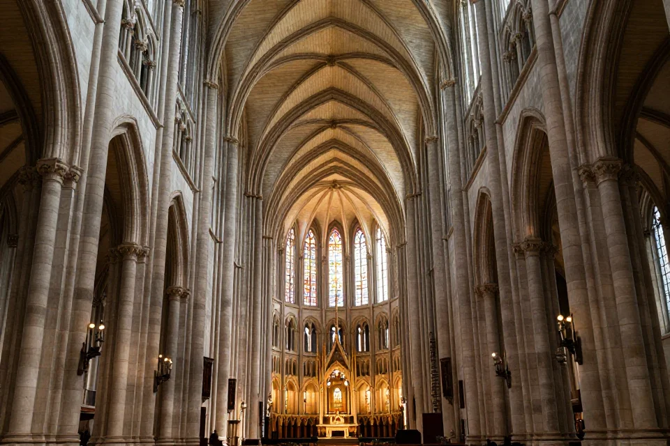 Interior de la nave muestra el arte y la ingeniería de las bóvedas de cañón y columnas que sostienen la monumentalidad del edificio