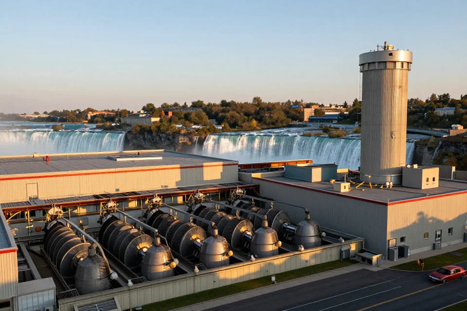 Panorámica de la central hidroeléctrica de Niágara con turbinas de AC de Tesla, luz dorada del atardecer, paisaje industrial