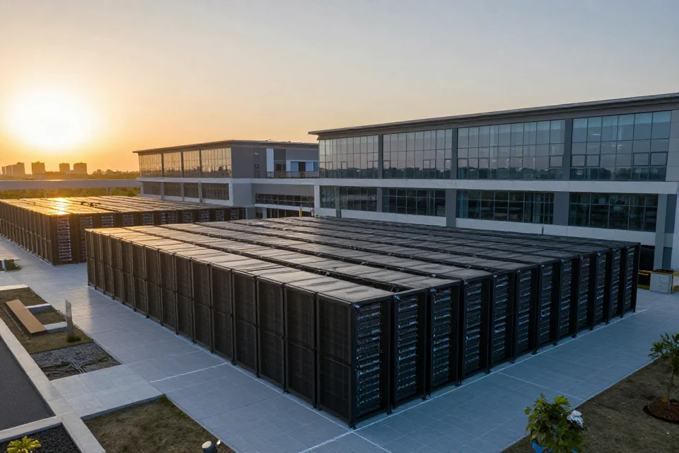 Vista panorámica de un campus de centro de datos bajo la luz del atardecer, destacando su arquitectura futurista.