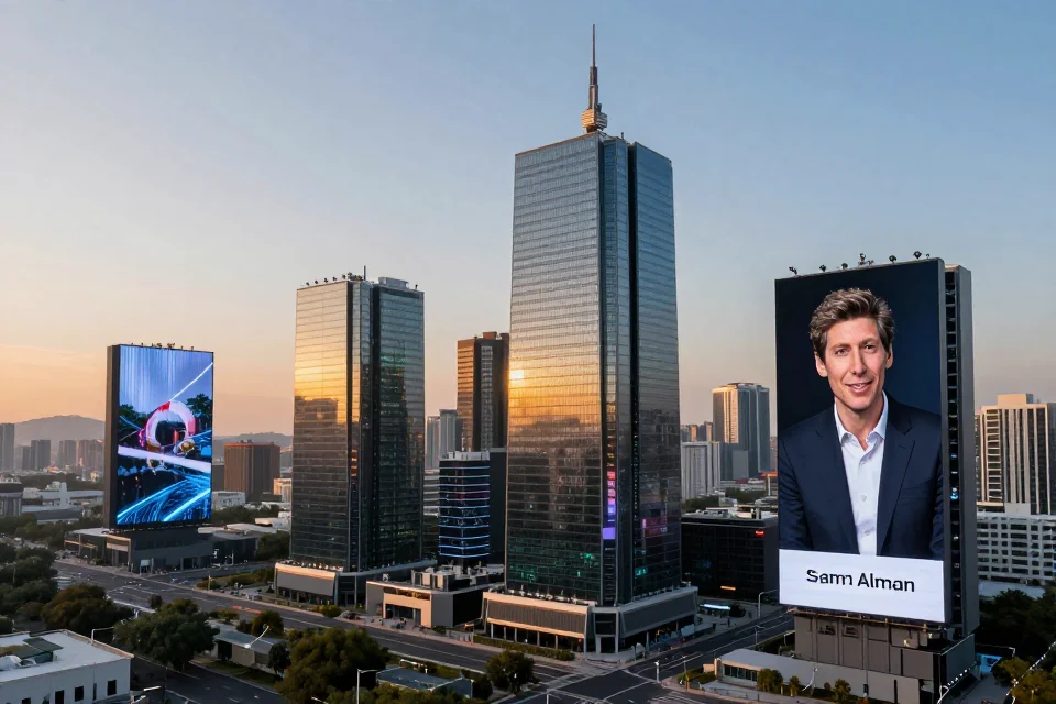 Vista panorámica de un paisaje urbano futuro con centrales de datos y carteles digitales, destacando la influencia de Sam Altman en la infraestructura tecnológica.