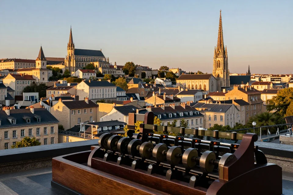 Panorámica del paisaje urbano de Clermont-Ferrand con la calculadora Pascalina en primer plano, arquitectura del siglo XVII y luz dorada del atardecer