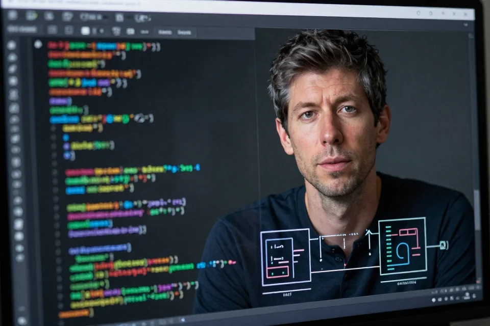 Detalles de una pantalla de computadora mostrando código y diagramas de algoritmos de inteligencia artificial, con reflejo de Sam Altman en la superficie.