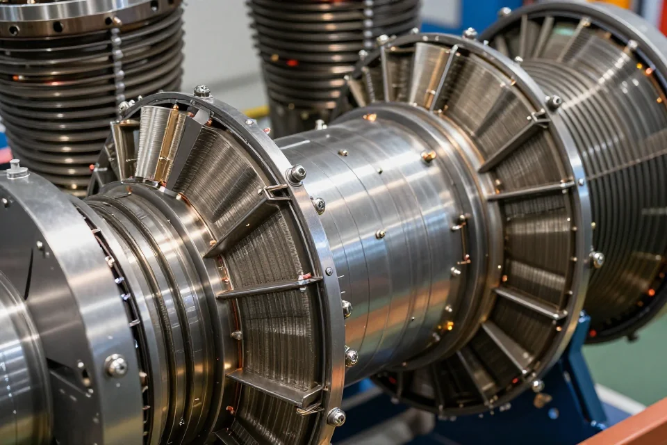 Detalles técnicos del motor del cohete V-2, texturas metálicas y componentes de ingeniería