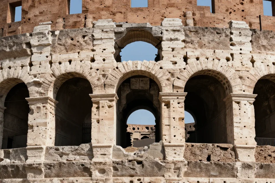 Detalles de la fundación del Coliseo con bloques de travertina y hormigón, resaltando técnicas de construcción romana.