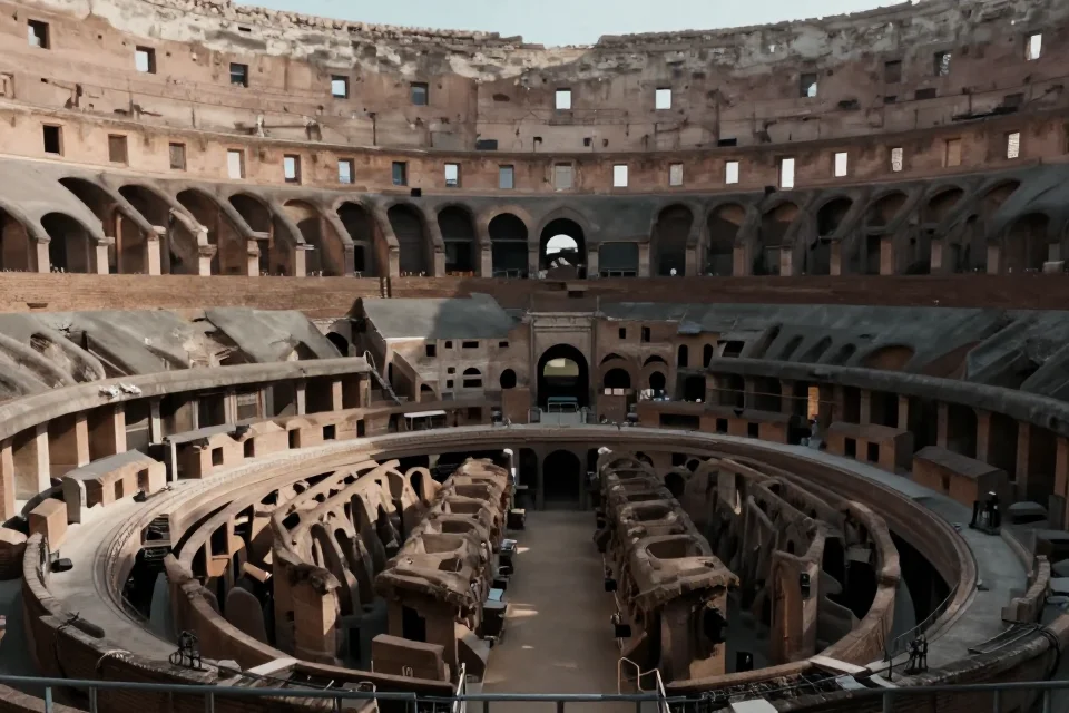 Interior del Coliseo con escaleras y asientos en niveles, arcos y claraboyas que muestran su complejidad arquitectónica.