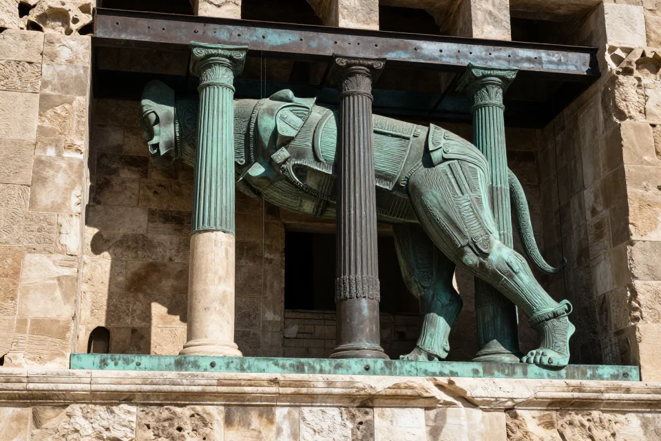 Detalles de la cimentación del Coloso de Rodas, con elementos de hierro y bronce que resaltan su ingeniería avanzada y la escala monumental de la obra.