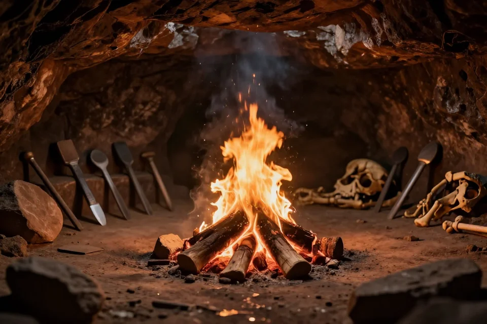 Perspectiva interior de la cueva de Homo erectus, fuego ardiendo en el centro, herramientas de piedra dispuestas, restos óseos en segundo plano, iluminación dramática.