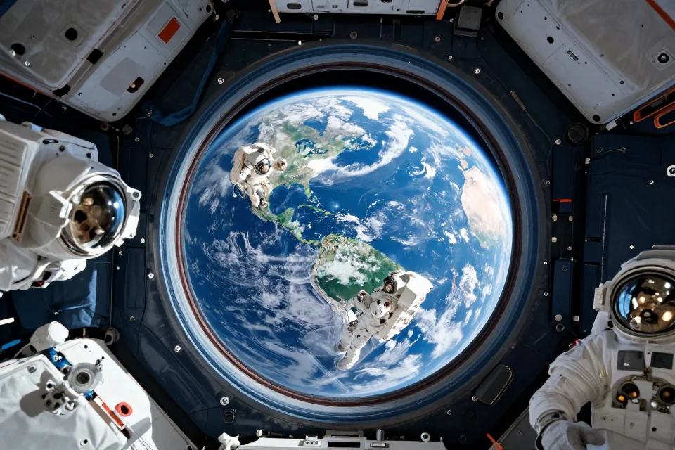 Interior del módulo Cupola de la ISS, con vista panorámica de la Tierra, astronautas y equipos técnicos en un entorno espacial.