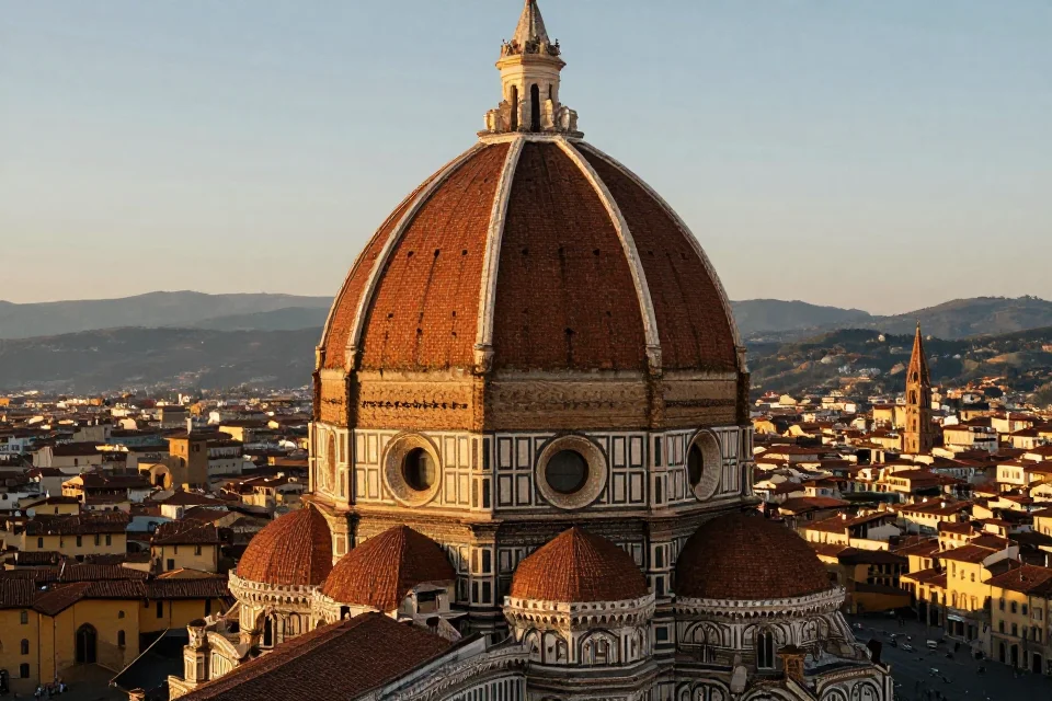 Vista panorámica del dome del Duomo de Florencia con el paisaje urbano renacentista en el fondo