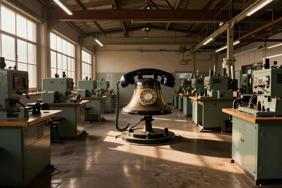 Panorámica del taller de Bell rodeado de maquinaria industrial, destacando su modelo de teléfono como elemento central bajo luz crepuscular.