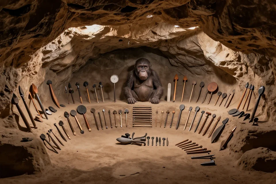 Perspectiva interior de Homo habilis en una cueva con herramientas organizadas metodicamente, iluminación dramática destacando el espacio