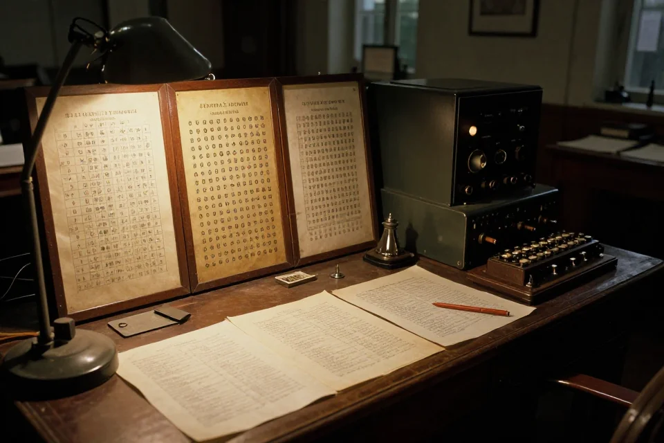 Perspectiva interior del espacio de trabajo de Turing con escritorio, papeles y equipos de descifrado en un laboratorio de la Segunda Guerra Mundial