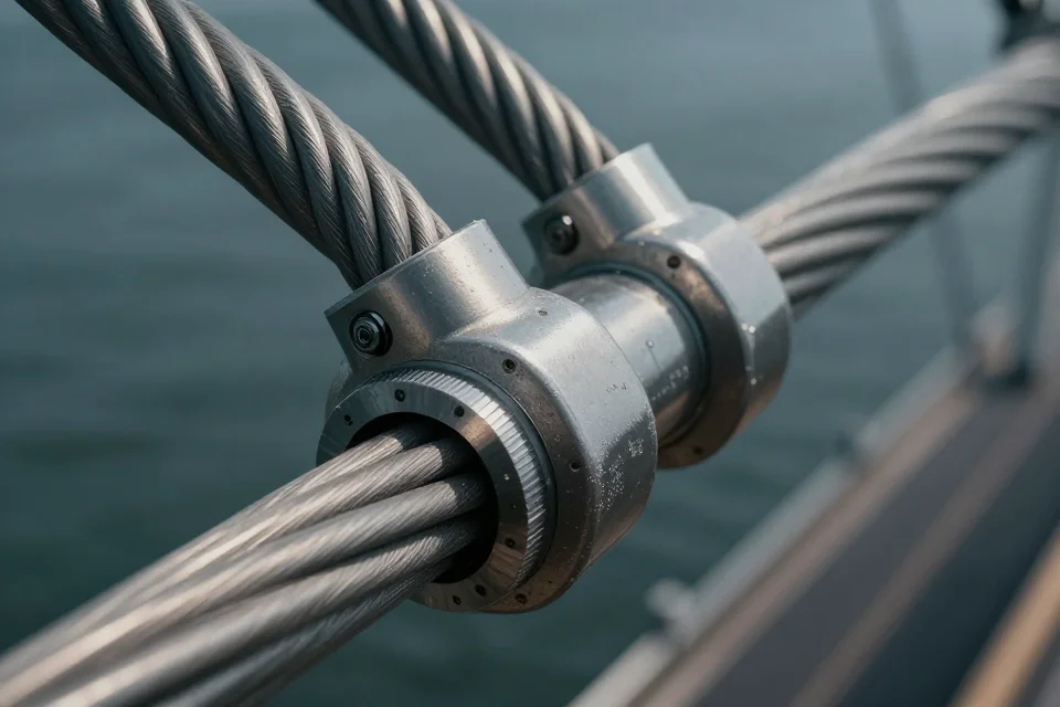 Detalles técnicos de cables metálicos y uniones estructurales de una obra de Calatrava