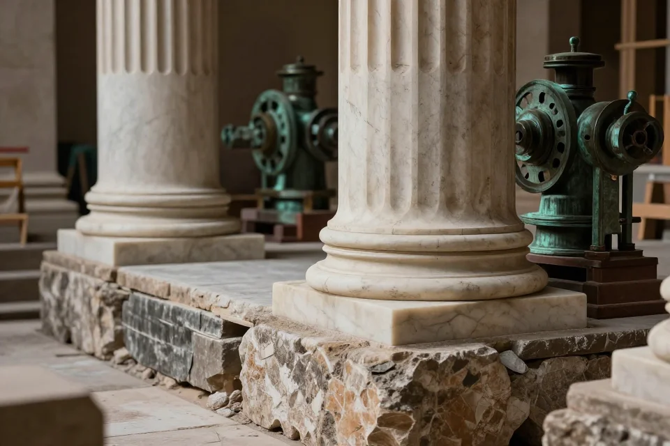 Detalles de la estructura romana: cimentación de piedra, columnas de mármol y mecanismos de bronce con iluminación cinematográfica y texturas de alta resolución.