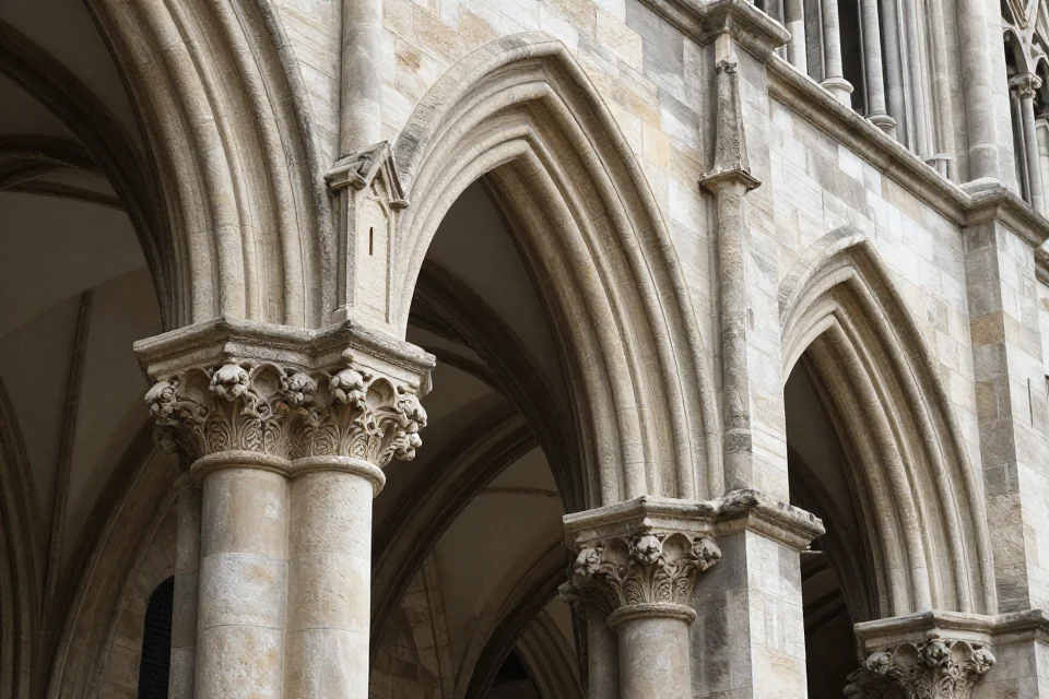 Detalles de los contrapuertos y mampostería de la catedral, resaltando técnicas de ingeniería medieval en su construcción.
