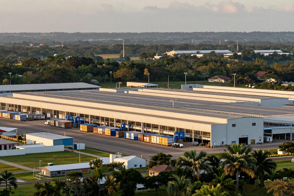 Vista panorámica de un centro de distribución Amazon en su entorno natural, destacando la integración industrial y logística