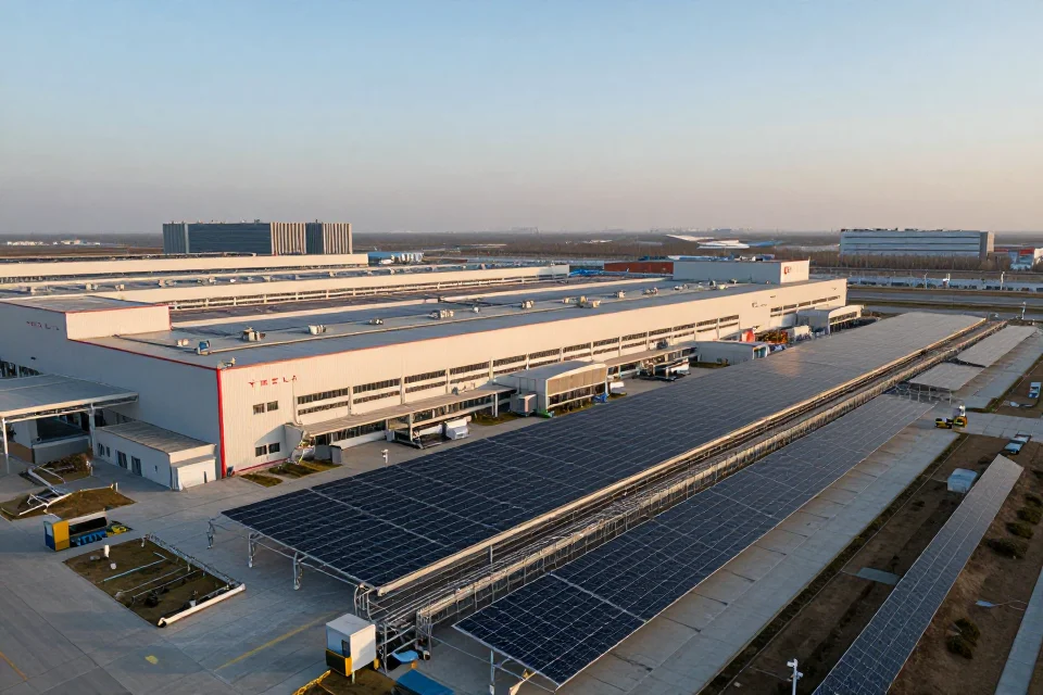 Vista panorámica de la fábrica Gigafactory de Tesla con arquitectura industrial y líneas de producción