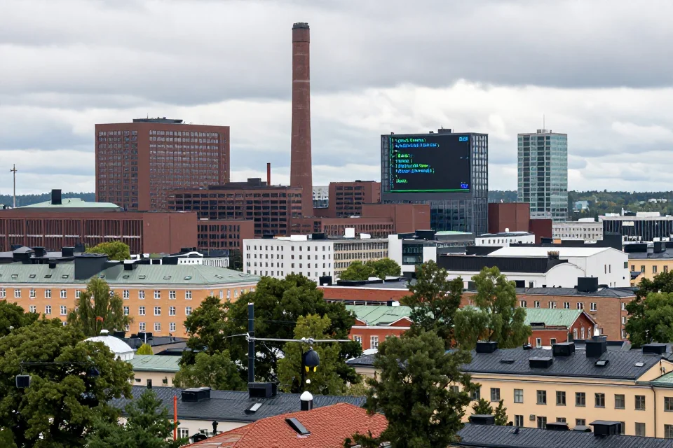 Panorámica del paisaje industrial de Helsinki con elementos tecnológicos, contexto natural y urbano del entorno de Linus Torvalds.