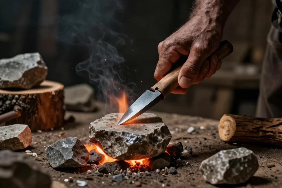 Cerca de Homo erectus tallando herramientas de piedra junto al fuego, texturas detalladas de cuarzo y madera, iluminación dramática, ilustración técnica de alta resolución.