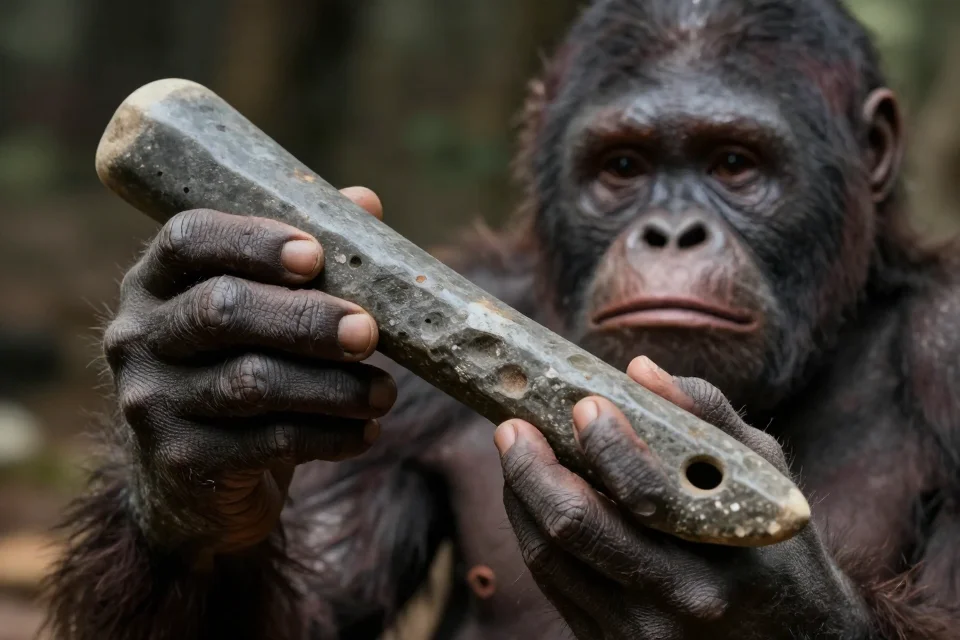 Cercanía de Homo habilis sosteniendo herramientas de piedra con texturas detalladas, iluminación natural resaltando la artesanía