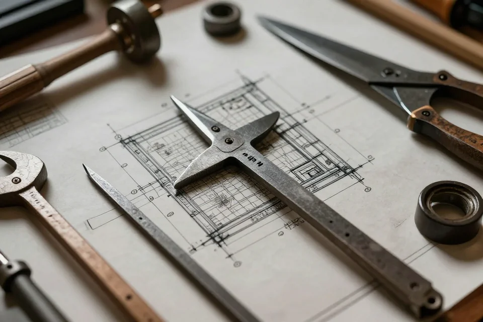 Detalles de herramientas y planos técnicos de un ingeniero renacentista mostrando su metodología artesanal
