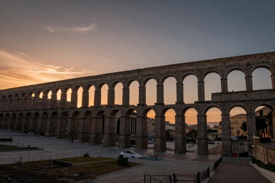 Vista panorámica de la infraestructura romana, incluyendo acueductos y arcos, bajo el atardecer con enfoque cinematográfico y profundidad atmosférica.