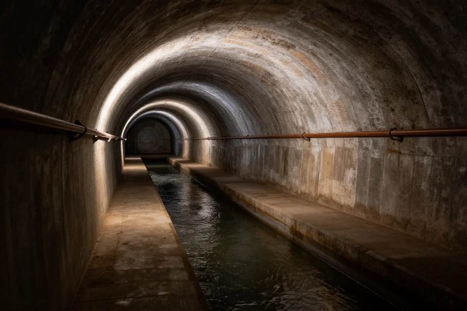 Interior del acueducto muestra su sistema de transporte de agua subterráneo, destacando su función hidráulica y estructural