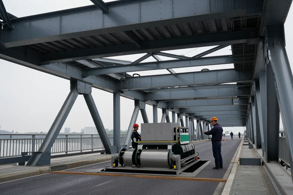 Interior del puente mostrando sistemas mecánicos y estructuras metálicas, con personal técnico realizando inspecciones