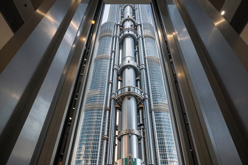 Interior del Burj Khalifa mostrando su sistema de elevadores y mecanismos avanzados, que permiten su funcionamiento en alturas extremas.