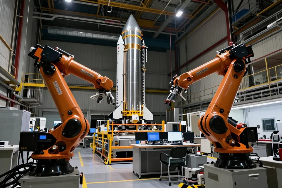 Perspectiva interior de una fábrica de SpaceX con robótica avanzada y estaciones de trabajo de ingeniería