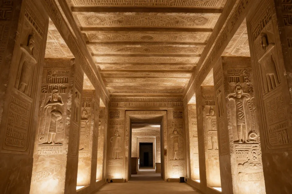 Interior de la Gran Pirámide: galería principal y pasadizo ascendente, destacando la ingeniería de las bóvedas corbeladas y la escala de la construcción antigua con sombras que enfatizan la profundidad.