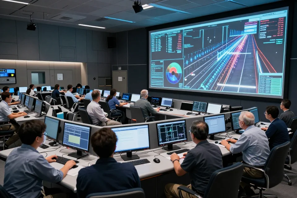 Interior del **Gran Colisionador de Hadrones**, con interfaces de computación avanzadas, pantallas holográficas y científicos monitoreando colisiones de partículas en tiempo real.
