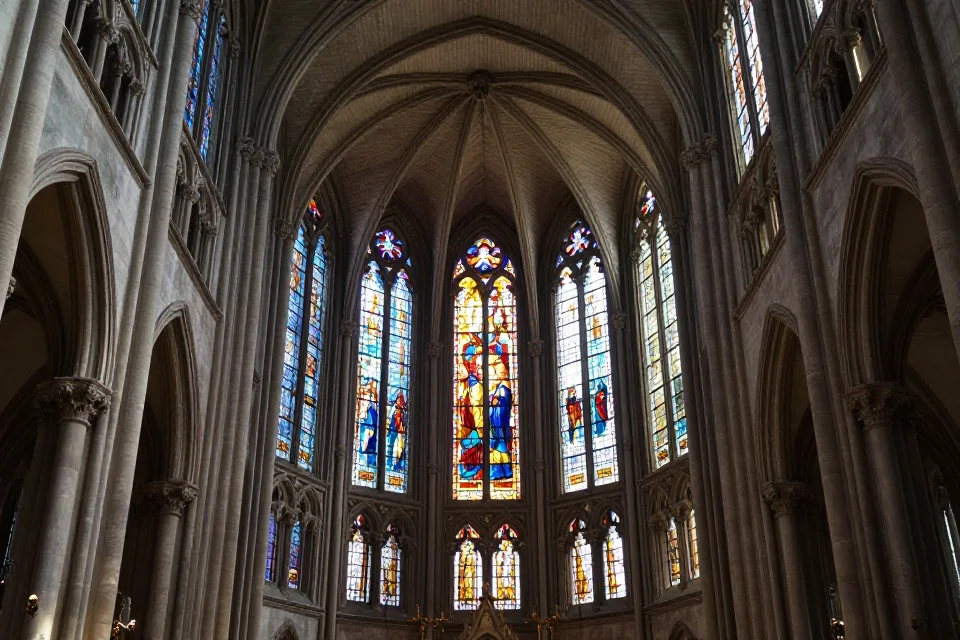 Interior de la catedral con vidrieras de colores y bóvedas de cañón, mostrando la magnitud de su espacio sagrado.