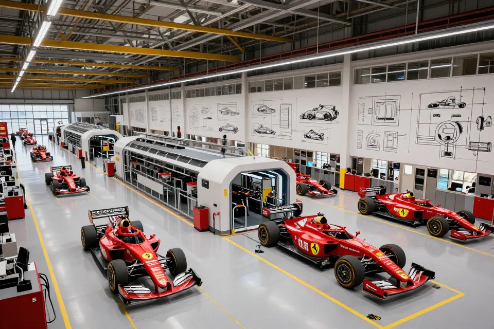 Perspectiva interior del taller de Ferrari, mostrando la arquitectura y equipos utilizados en la fabricación de automóviles
