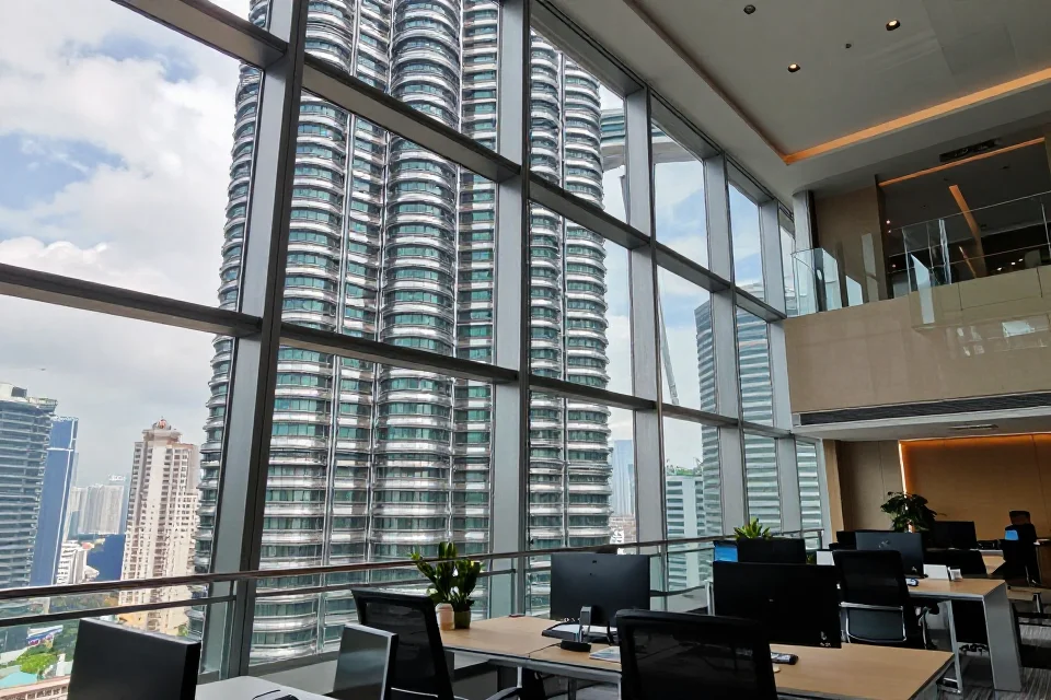 Interior de la Torre Petronas en el piso 45, con vista al cielo y espacio de oficina moderno iluminado por la luz natural.