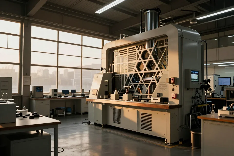 Interior de un taller de ingeniería con maquinaria y elementos geométricos en luz dorada